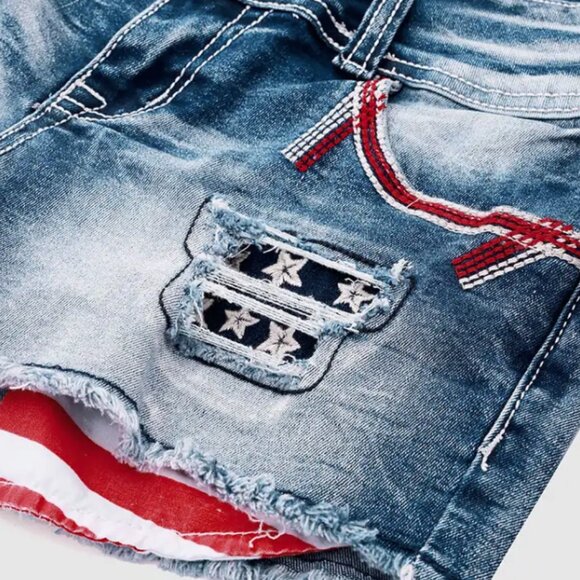 FLAMINGALS American Flag Patched Button Fly Cut Out Denim Shorts XL BNWT - Picture 8 of 8